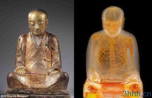 the Buddha statue (left) containing a mummified monk (right) was stolen from their temple in 1995